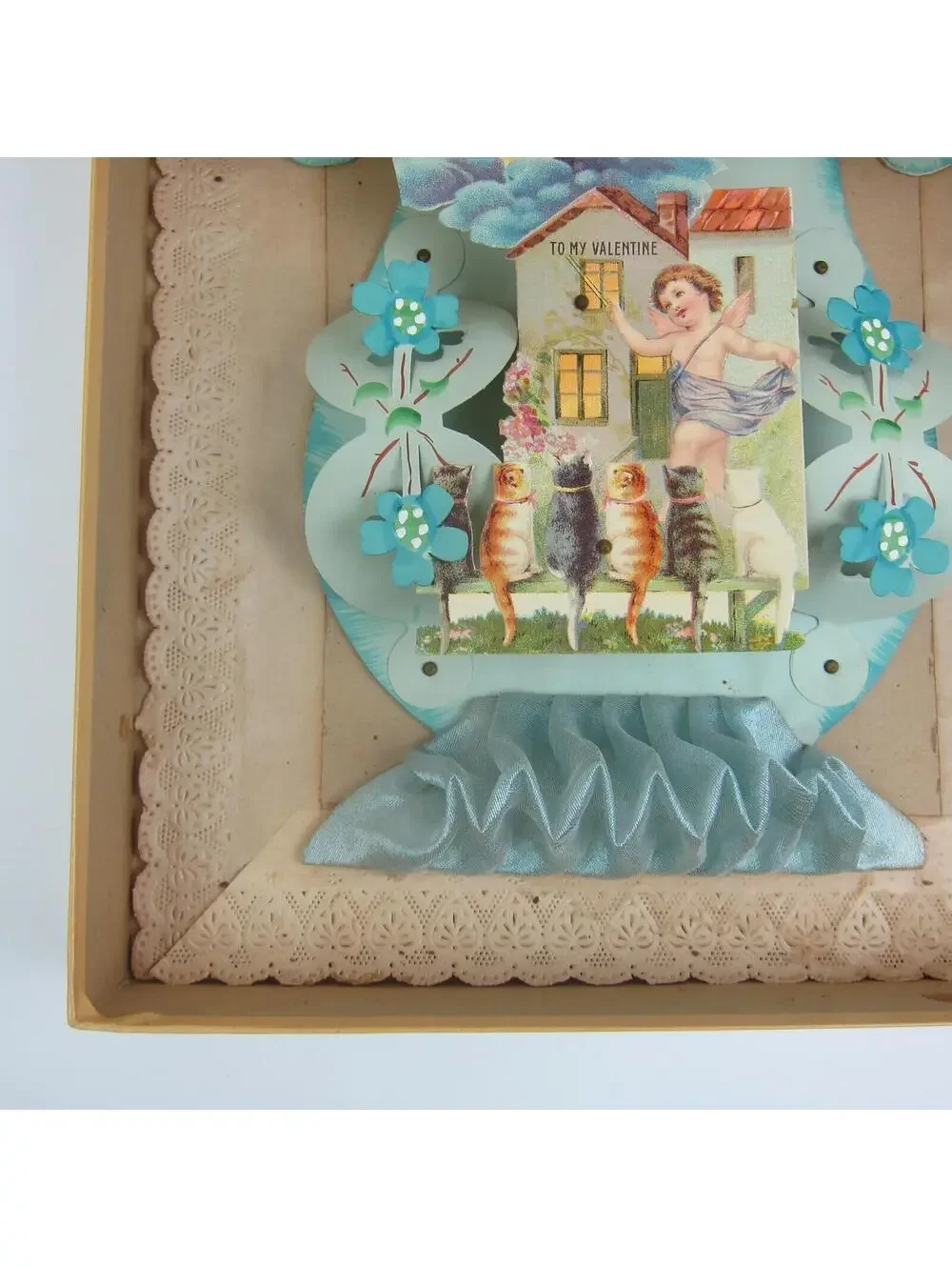Antique Valentine 3D Cupid Cats Butterfly Moon Blue Fabric Large Store Box RARE